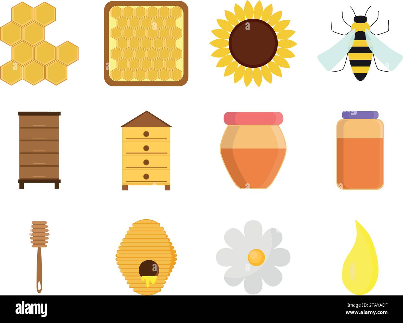 Ensemble rucher isolé sur fond blanc dans un style plat. Icônes apicoles pot de miel doux bio naturel, cire d'abeille, insecte d'abeille, ruche et fleur. Illustration de Vecteur