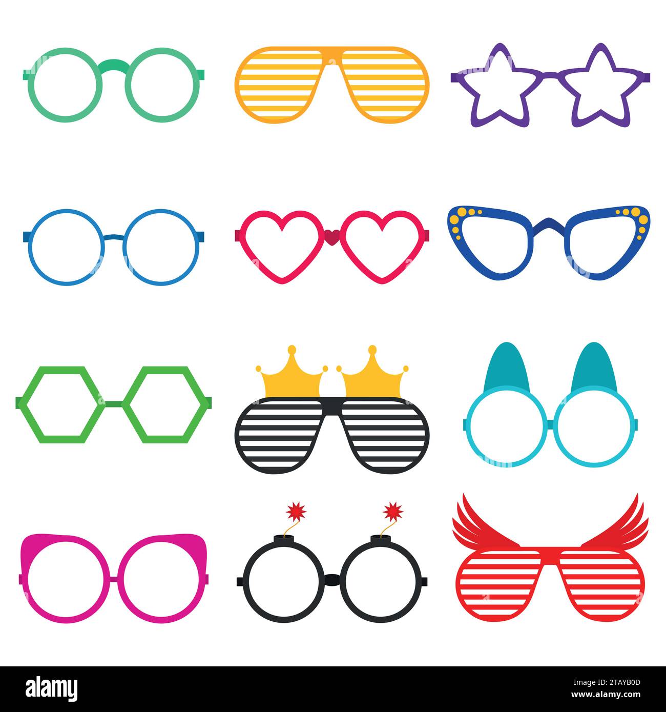 Lunettes de soleil ou lunettes de vue Vector party en forme drôle. Accessoires pour lunettes optiques de mode hipsters vue de la vue. Icône de lunettes de soleil colorées Illustration de Vecteur