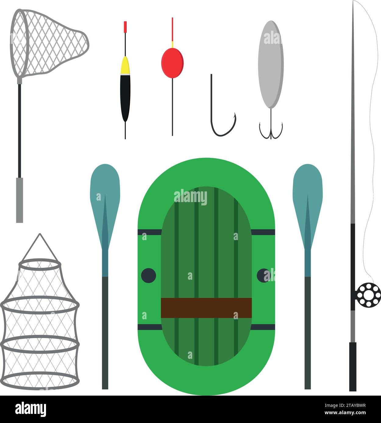 Icônes differeent équipement de pêche isolé sur fond blanc. Bateau de pêche, équipement, filet de débarquement et filature. Illustration vectorielle Illustration de Vecteur