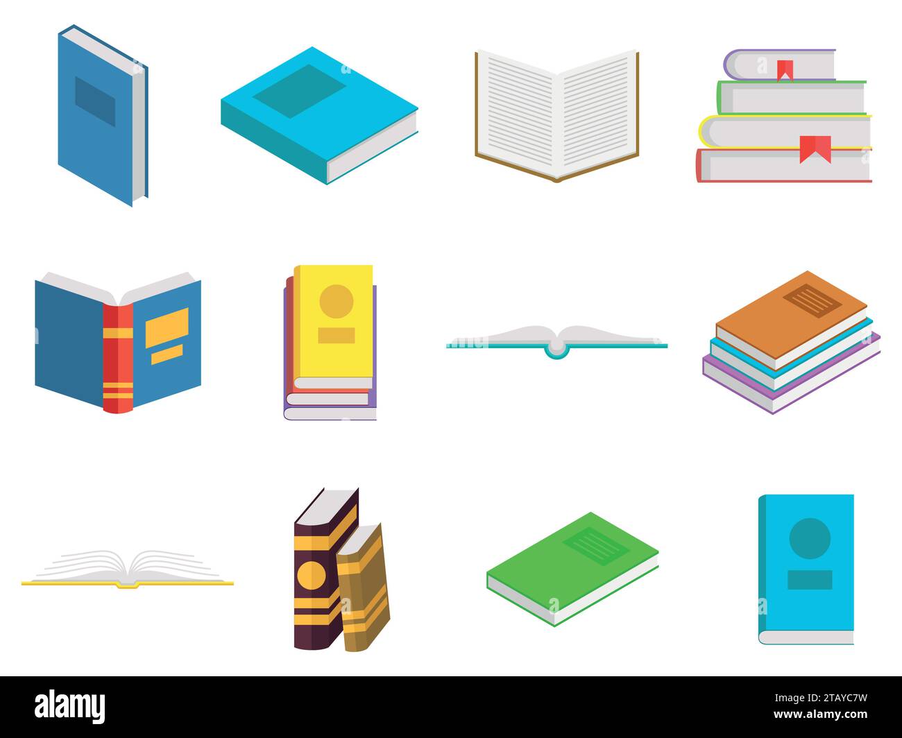 Icônes de livres de couleur définies dans le style de conception plate. Livres dans une pile, ouverts, dans un groupe, fermés. Lire, apprendre et recevoir une éducation à travers les livres. Illustration de Vecteur