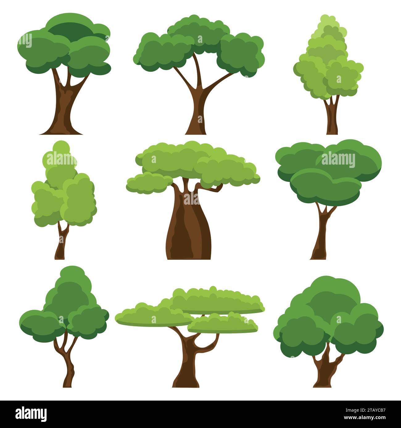 Ensemble d'arbres plats stylisés. Arbre vert de jardin de dessin animé. Environnement naturel forêt organique et parc. Arbres de printemps ou d'été. Illustration vectorielle Illustration de Vecteur