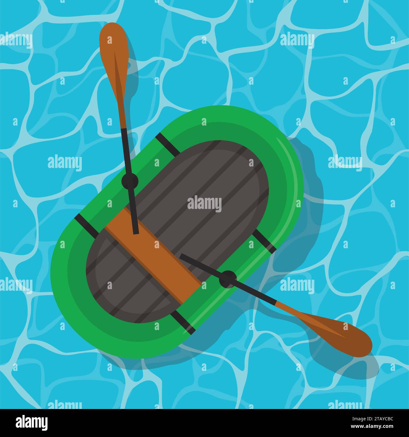 Bateau gonflable avec des pagaies sur l'eau. Top wiev bateau en caoutchouc vert nager et rames dans un style plat. Illustration vectorielle Illustration de Vecteur