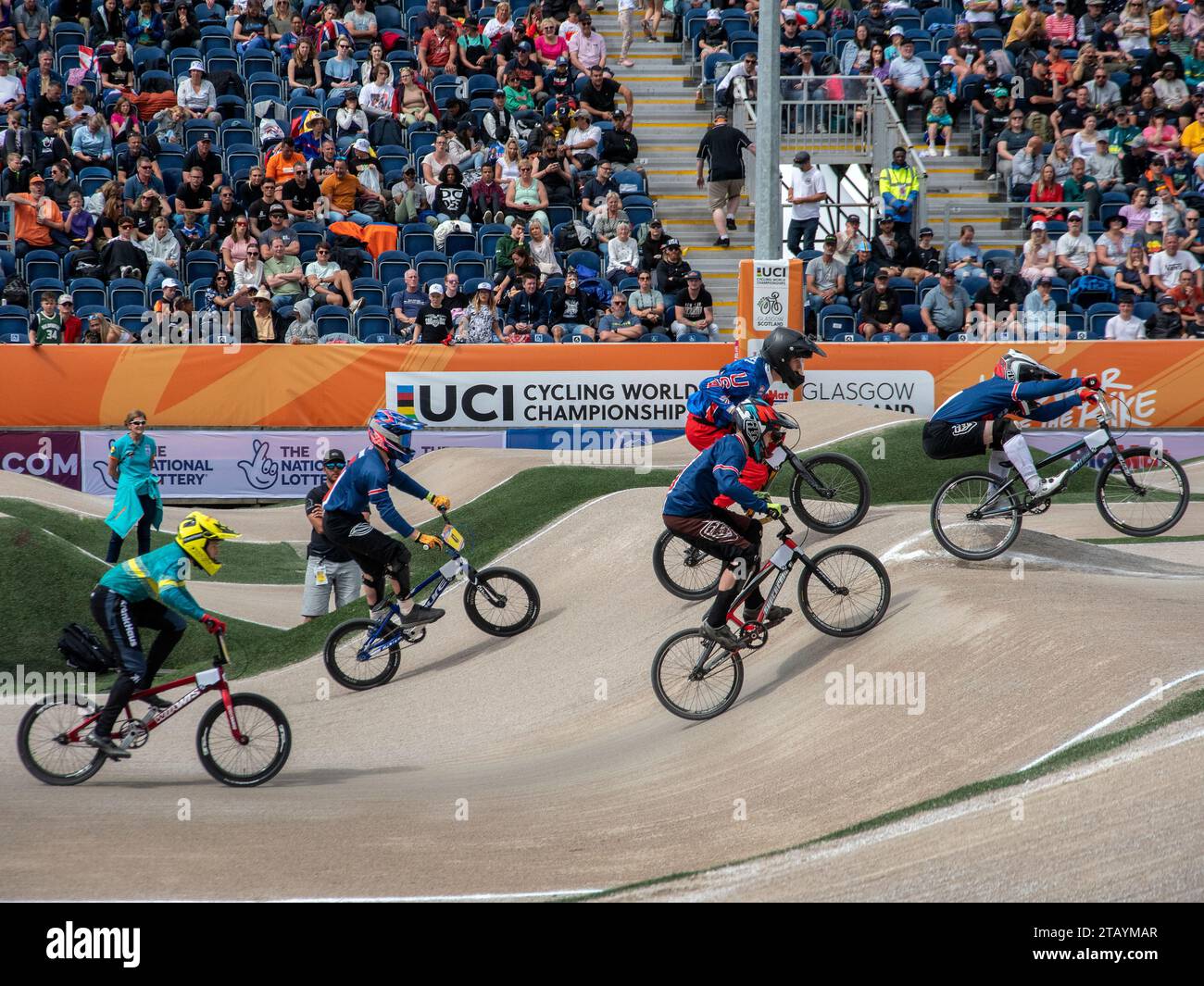 Glasgow, Écosse Royaume-Uni. 8 août 2023 : Championnats du monde de cyclisme UCI 2023 BMX Youth Racing à Glasgow. Banque D'Images