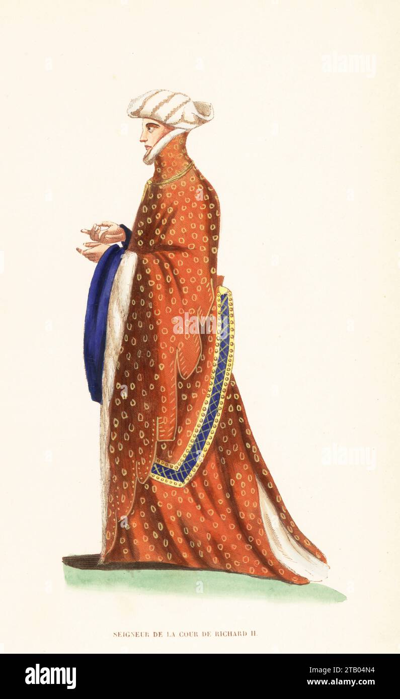 Courtisan du roi Richard II d'Angleterre, 1377-1399. Chevalier gascon en robe à col haut extravagant, doublée de fourrure avec de longues manches dentelées. Seigneur de la cour de Richard II, XIVe siecle. Gravure sur bois colorée à la main de Costume du Moyen Age, Costume médiéval, Librairie Historique-artistique, Bruxelles, 1847. Banque D'Images Courtisan du roi Richard II d'Angleterre, 1377-1399. Chevalier gascon en robe à col haut extravagant, doublée de fourrure avec de longues manches dentelées. Seigneur de la cour de Richard II, XIVe siecle. Gravure sur bois colorée à la main de Costume du Moyen Age, Costume médiéval, Librairie Historique-artistique, Bruxelles, 1847. Banque D'Images