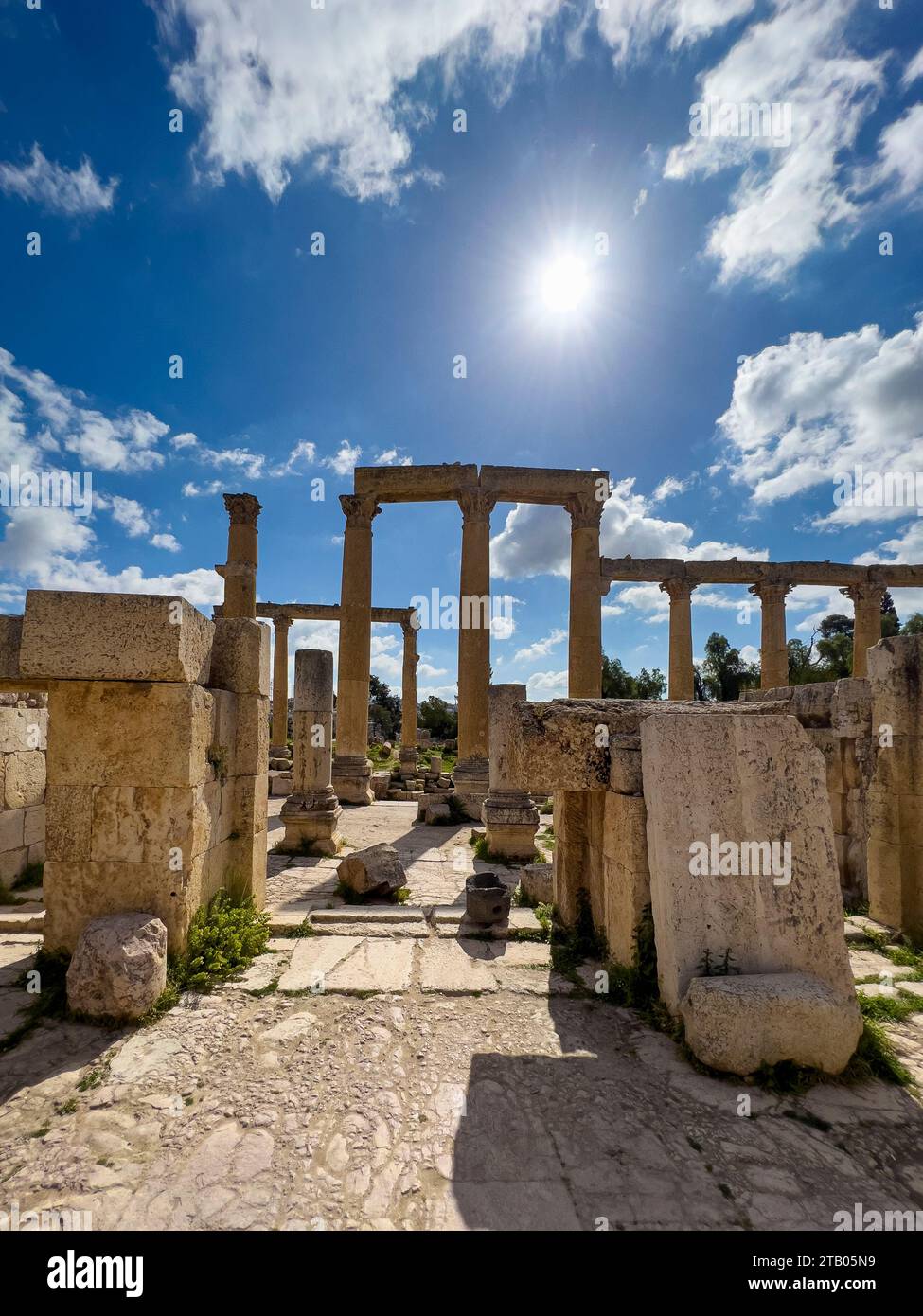 Colonnes dans l'ancienne ville de Jerash, qui aurait été fondée en 331 av. J.-C. par Alexandre le Grand, Jordanie Banque D'Images