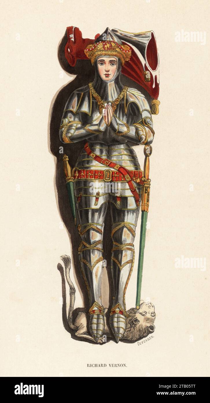 Sir Richard Vernon, chevalier, trésorier de Calais, 1391-1451. En costume d'armure de plaque, grande barre avec la tête de sanglier, ceinture d'épée, épée, et col argent Soverayne. De son effigie tombale dans l'église St Barthélemy, Tong. Gravure sur bois colorée à la main par Evrard Duverger de Costume du Moyen Age, Costume médiéval, Librairie Historique-artistique, Bruxelles, 1847. Banque D'Images
