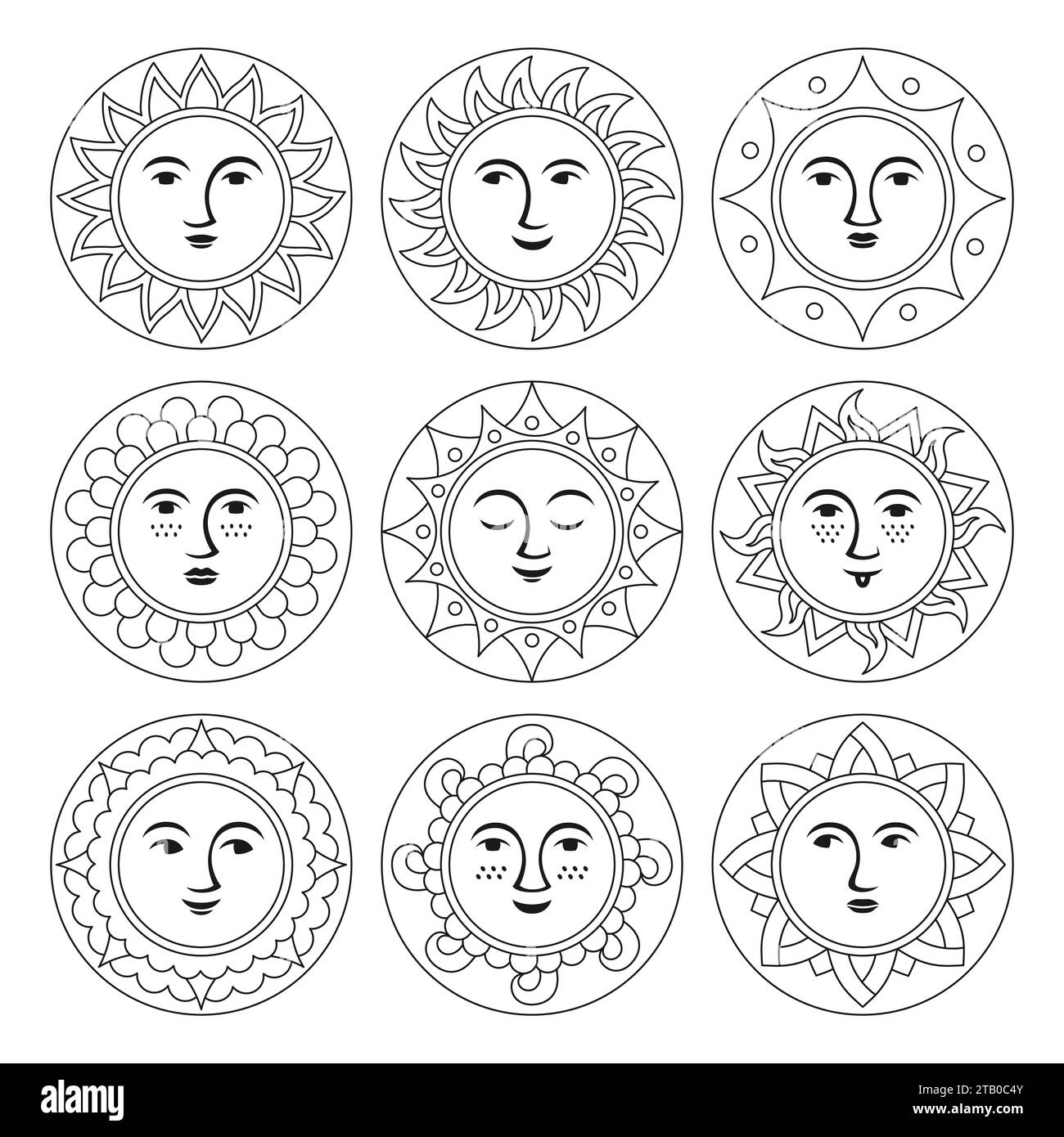 Soleil avec visage abstrait doodle ensemble de dessins animés. Visages souriants ensoleillés de style Boho ethnique. Drôle souriant soleils diverses émotions icône mignonne. Rayons du soleil chauds. Illustration isolée vectorielle joyeuse Illustration de Vecteur