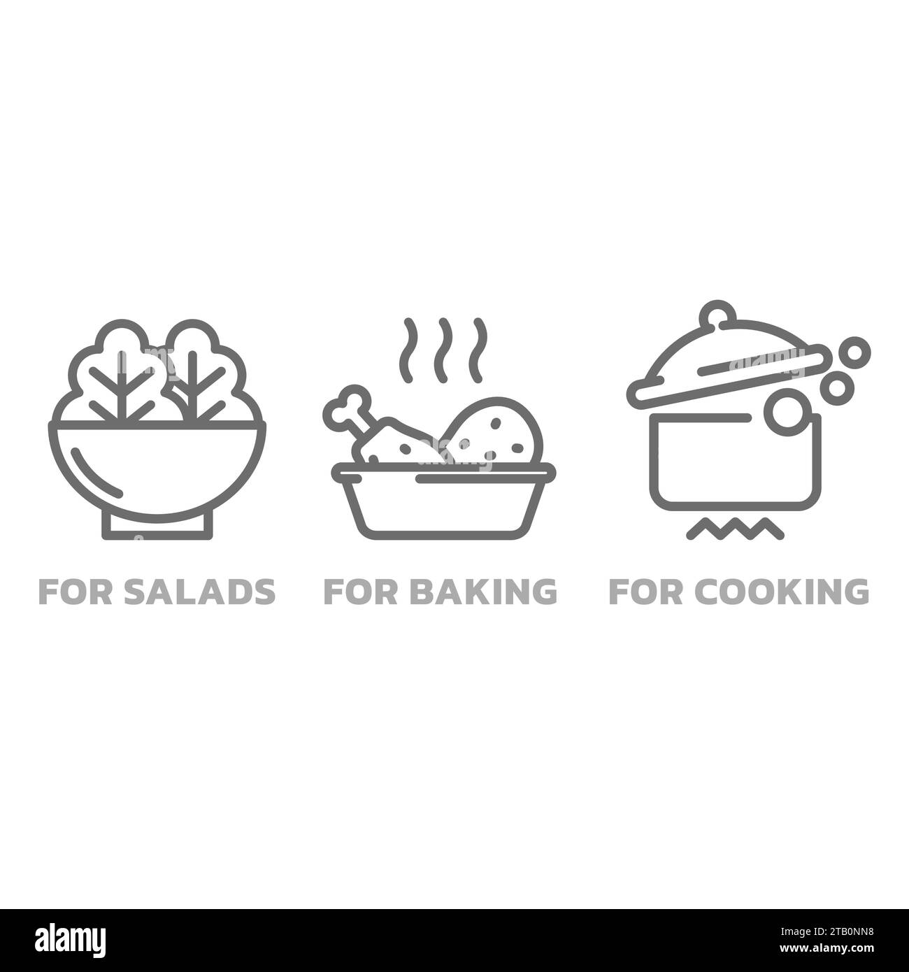 Huile de cuisson pour salades, pour la cuisson et pour la cuisson. Contour, touches modifiables de cuisson, d'ébullition et de saladier. Illustration de Vecteur