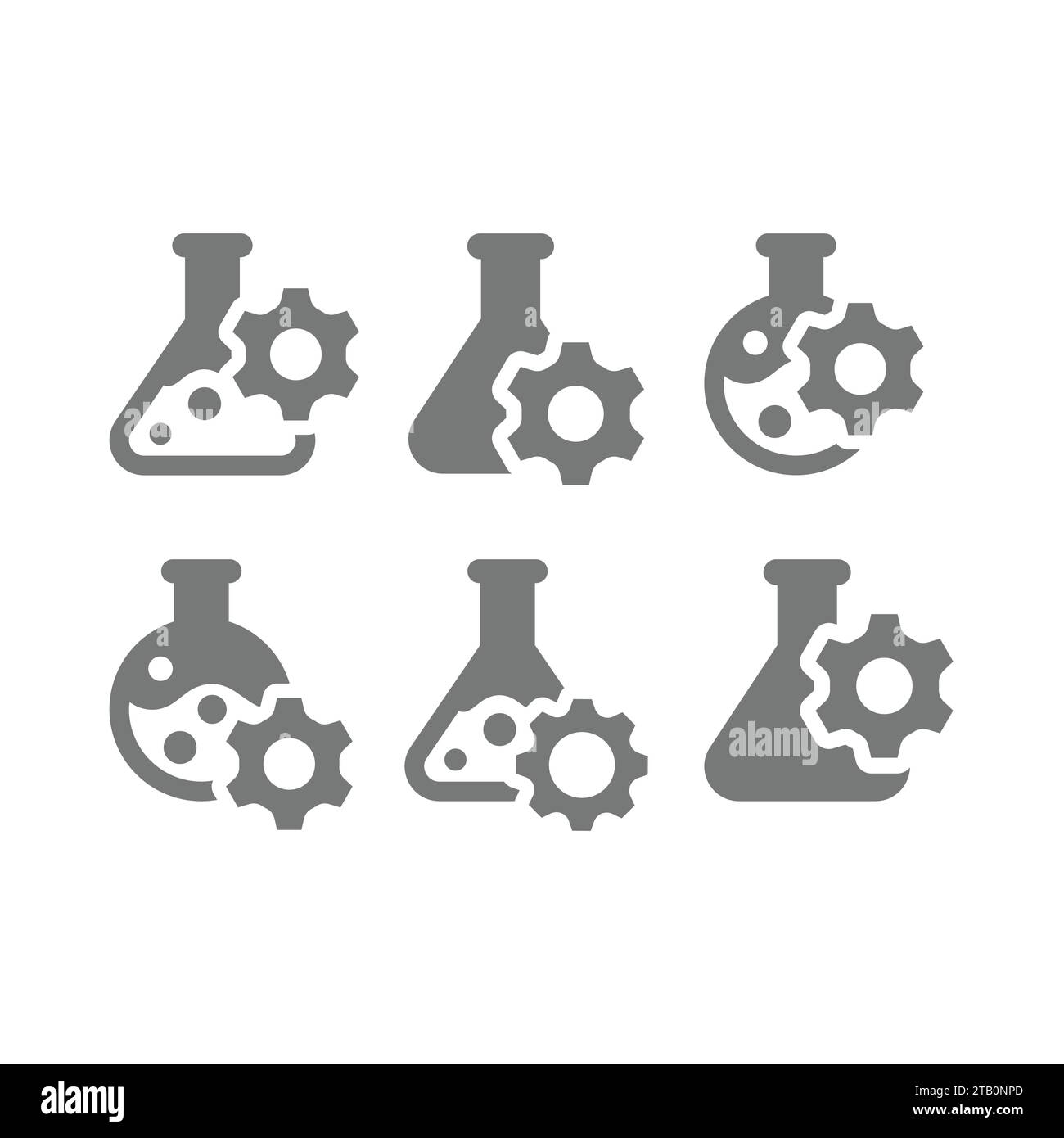 Verrerie de laboratoire ou tube à essai et jeu d'icônes d'engrenage. Recherche, icônes vectorielles de bio-ingénierie. Illustration de Vecteur