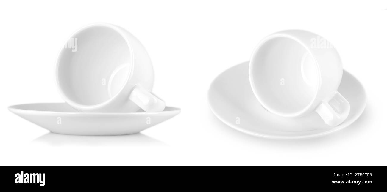 L'ensemble de petites tasses à café blanc isolé sur fond blanc Banque D'Images