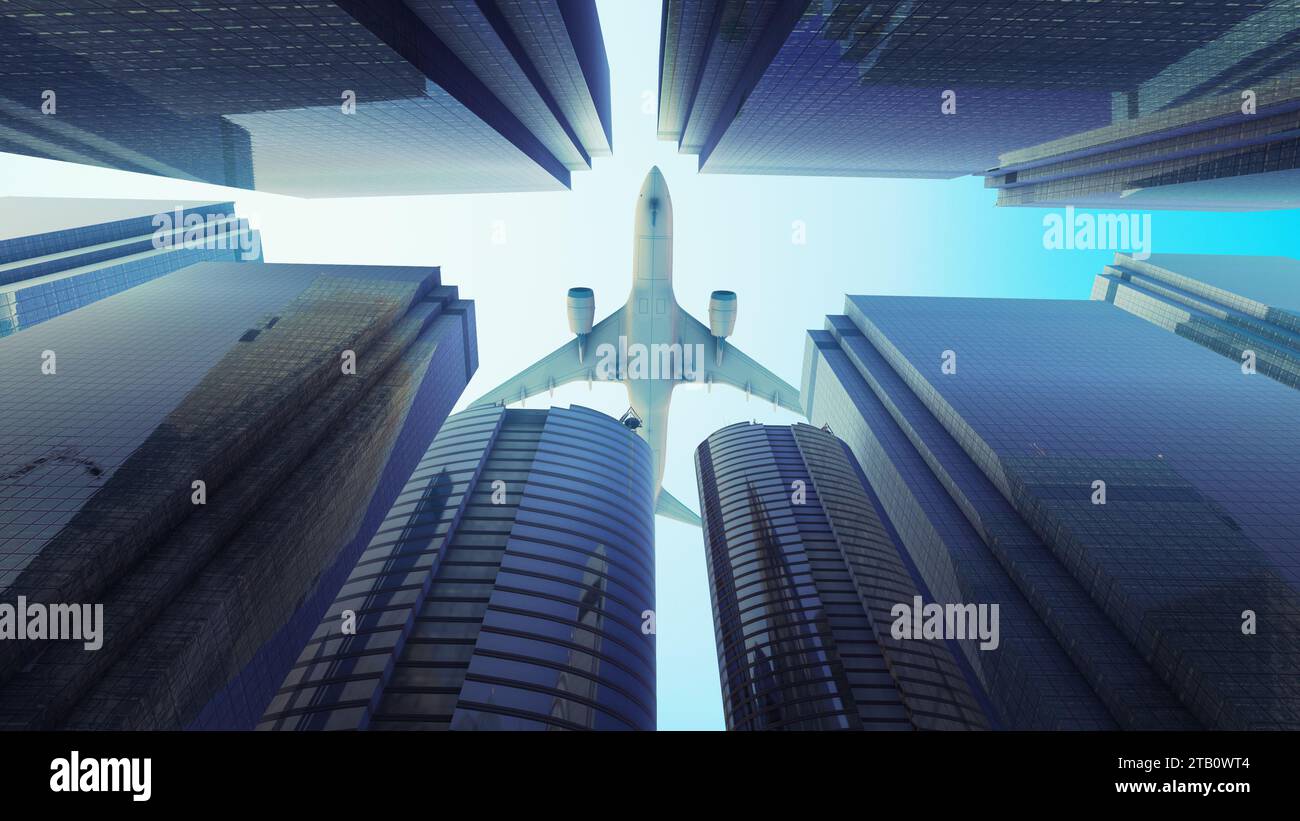 Bâtiments avec avion volant dans l'horizon moderne Banque D'Images