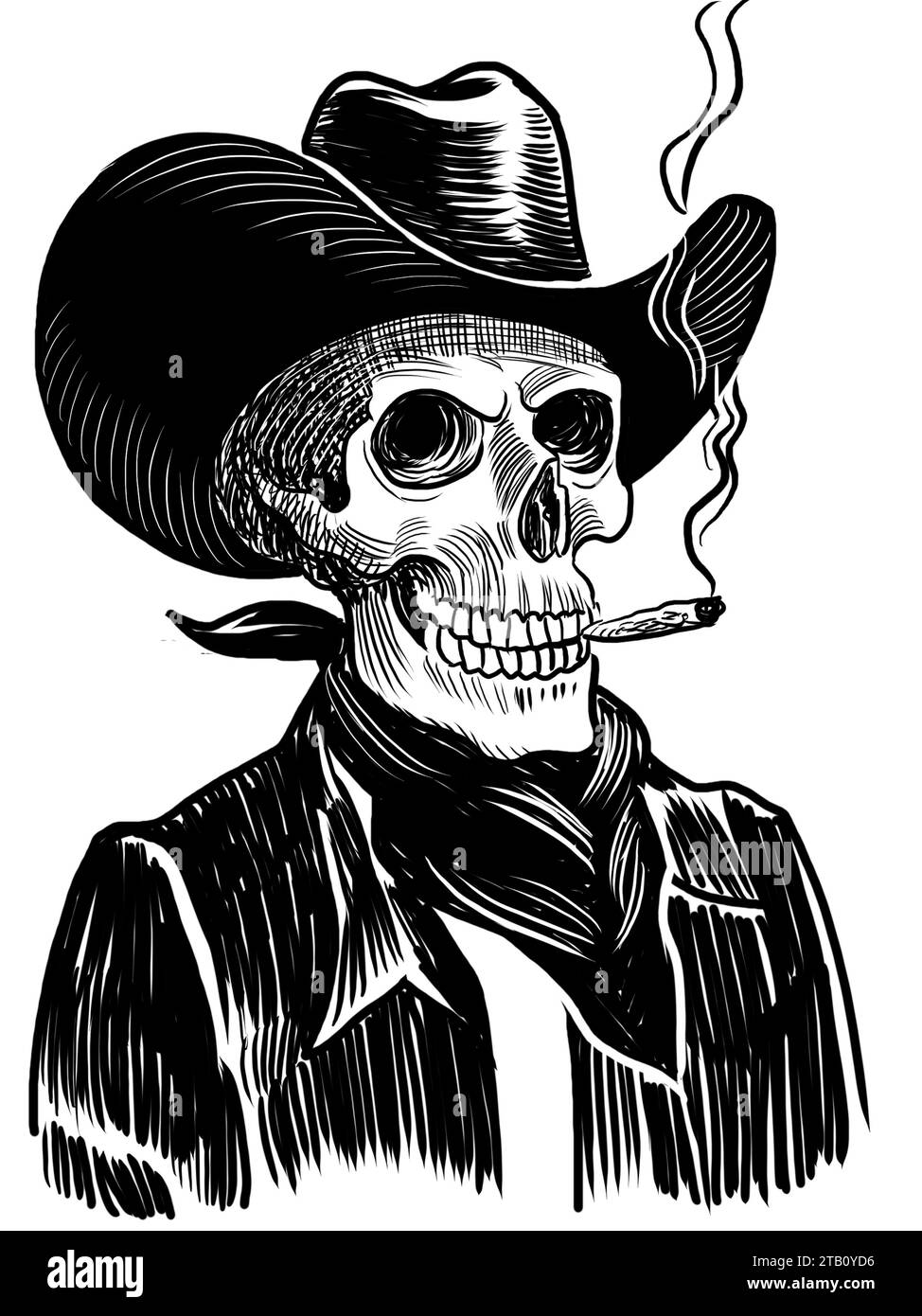 Squelette fumant. Illustration en noir et blanc dessinée à la main Banque D'Images