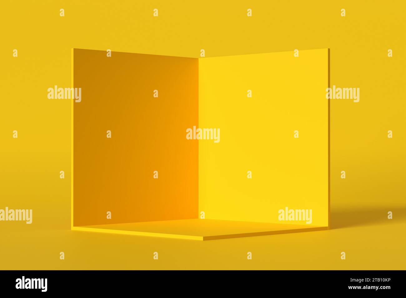 Coupe transversale d'une boîte cubique à l'intérieur de la pièce jaune. Podium géométrique vide ou plate-forme pour l'affichage du produit. Modèle de boîte vierge de rendu 3D. Banque D'Images