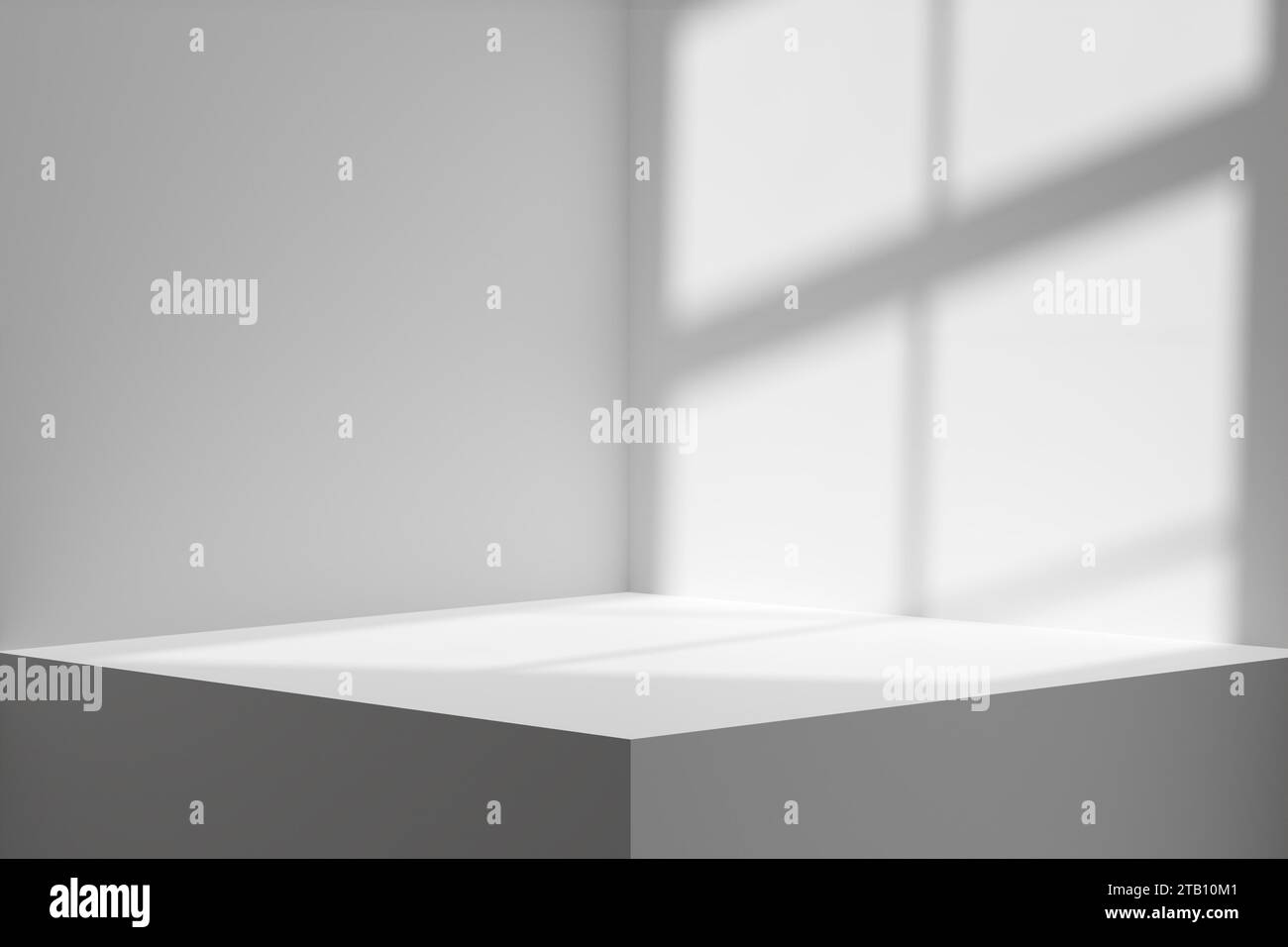 Podium blanc vide ou plate-forme avec lumière de fenêtre et ombre. Modèle de présentation du produit. Rendu 3D. Banque D'Images
