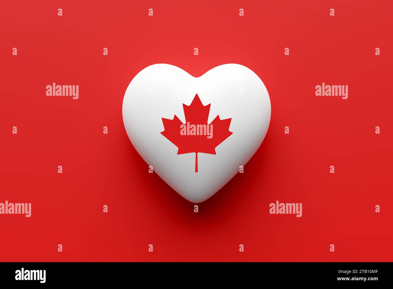 Drapeau canadien sur une forme de coeur sur fond rouge. Symbole national canadien feuille d'érable. Patriotisme canadien, amour, respect et fierté. Rendu 3D. Banque D'Images