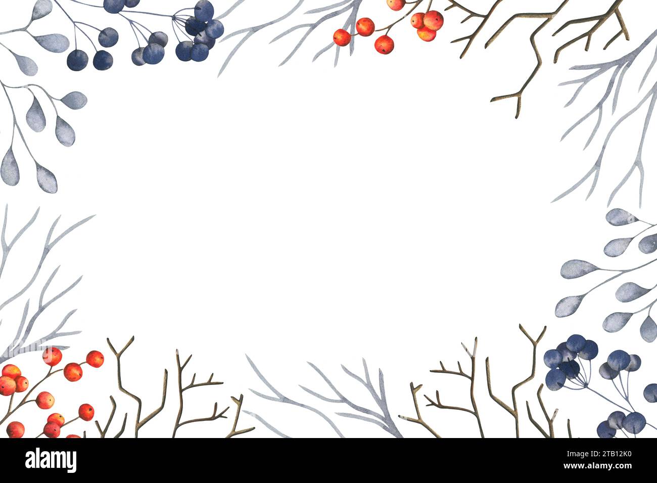 Cadre horizontal aquarelle d'hiver avec des branches abstraites avec des baies rouges et bleues. Collection botanique d'herbes. Illustration dessinée à la main isolée Banque D'Images