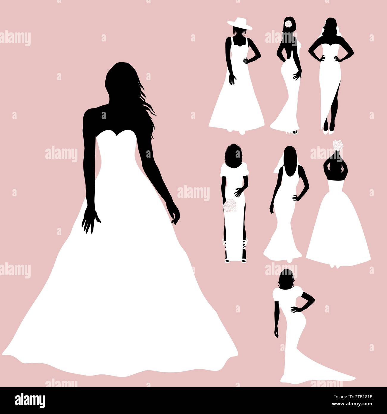 Carte de mode de mariage avec silhouettes de mariée dans différents styles de robes Illustration de Vecteur