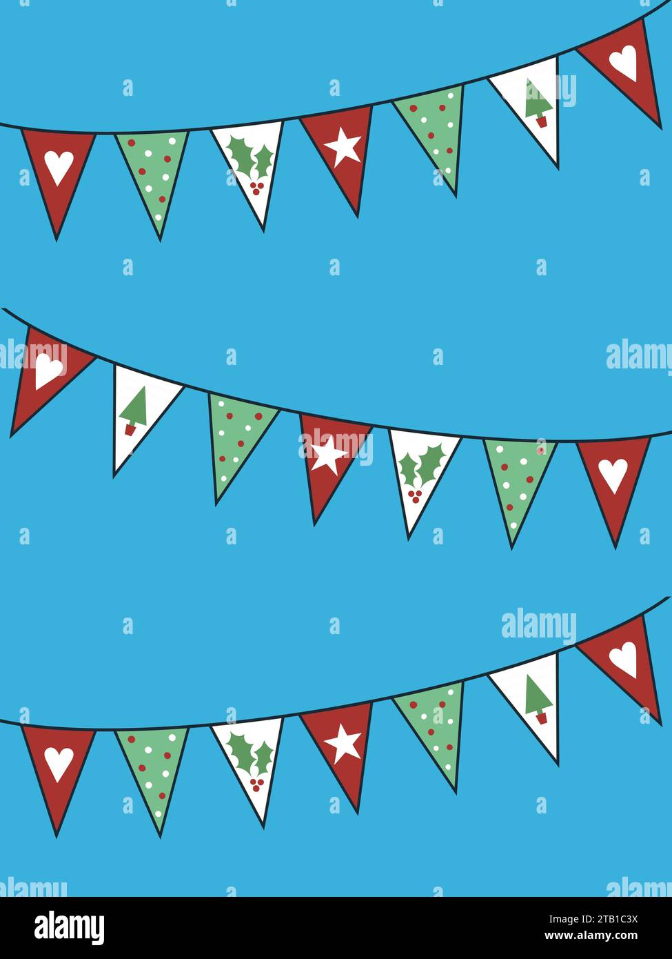 Bande dessinée amusante de Noël. Les fanions triangulaires contiennent des pois, du houx, des coeurs, des étoiles et des motifs d'arbre de Noël. Motif festif coloré. Banque D'Images