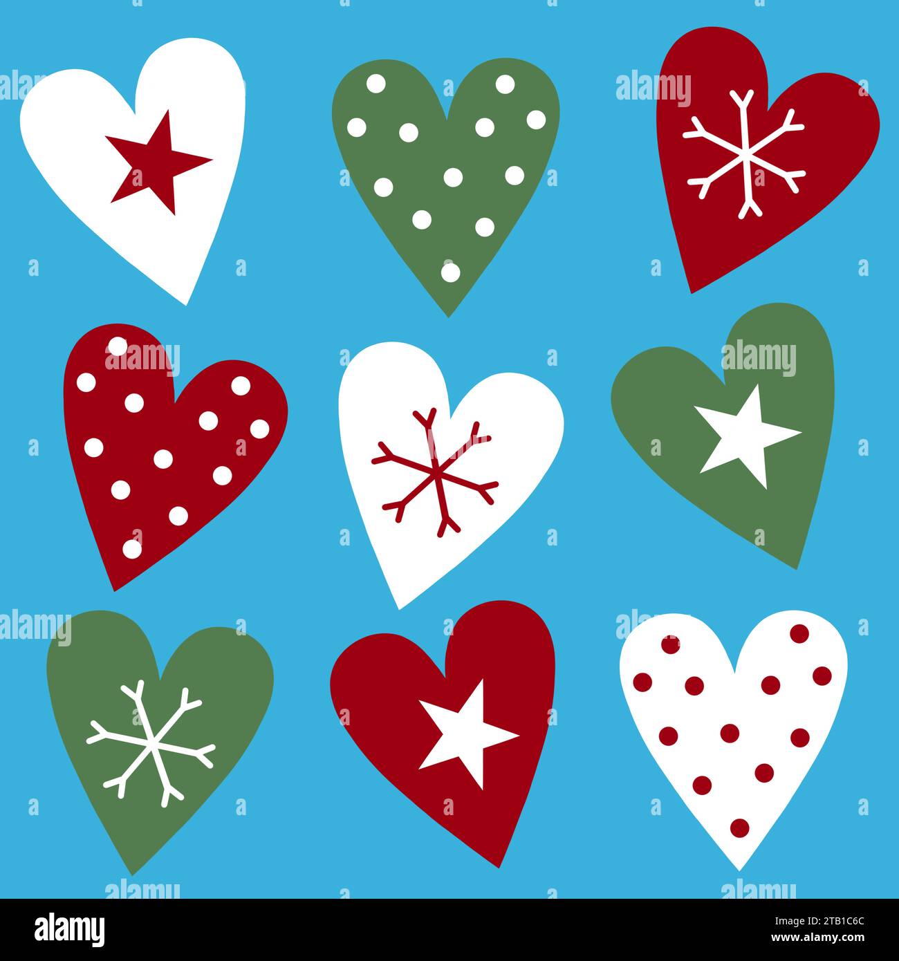 Bande dessinée amusante de Noël. Les fanions triangulaires contiennent des pois, du houx, des coeurs, des étoiles et des motifs d'arbre de Noël. Motif festif coloré. Banque D'Images