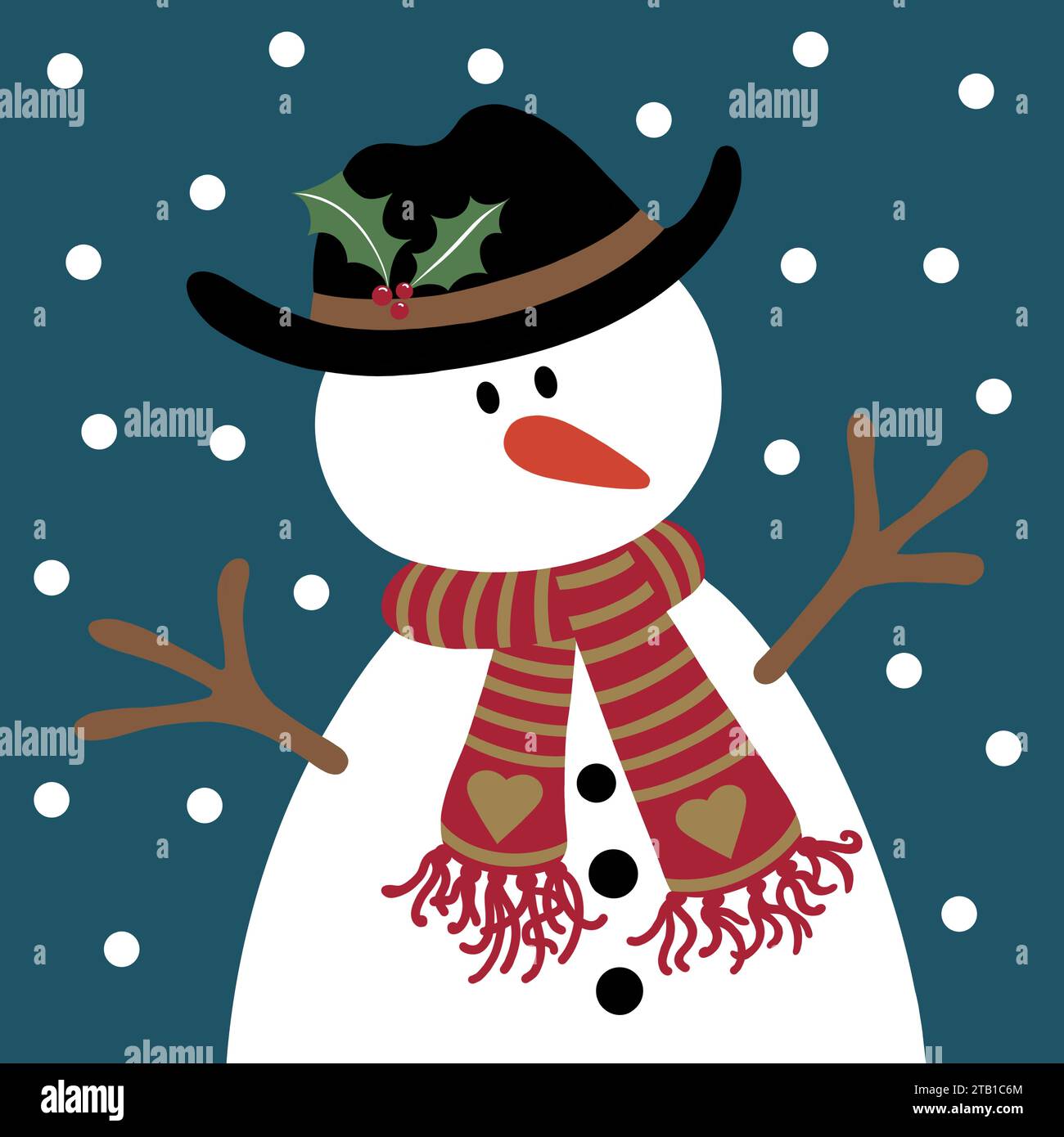 Bonhomme de neige de dessin animé mignon sur un jour de neige. Motif bonhomme de neige de Noël. Il porte un chapeau et une écharpe rayée confortable, a un nez de carotte et de petits bras de bâton. Banque D'Images