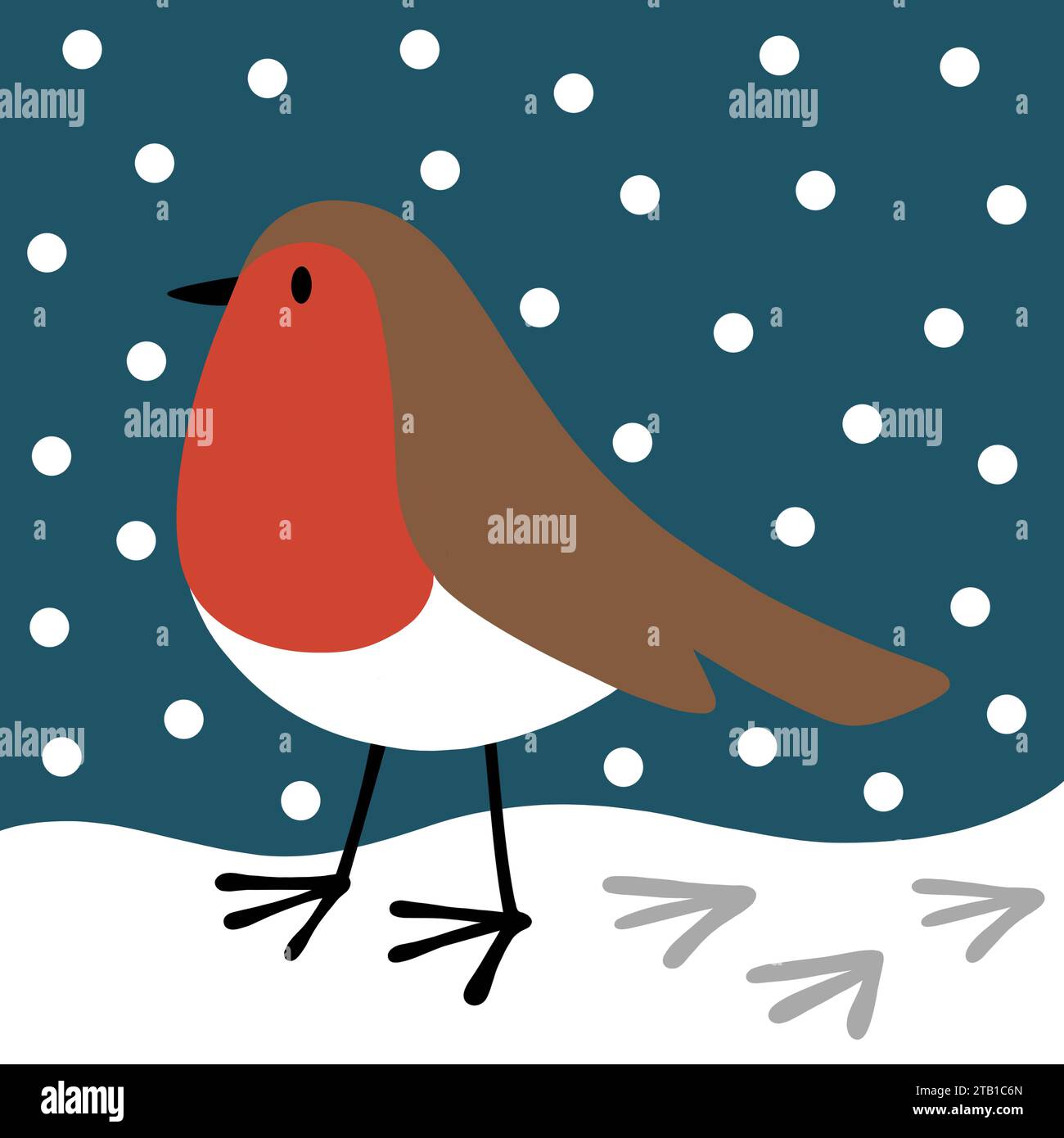 Mignon Robin de dessin animé dans la neige. Rouge-gorge de Noël traditionnel dans un style moderne décalé. L'oiseau laisse des empreintes de pas dans la neige. Illustration festive Banque D'Images