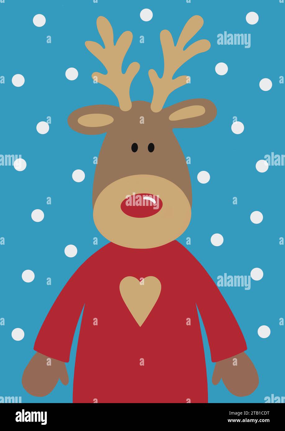 Jolie illustration de renne de dessin animé. Pull rouge confortable avec motif renne à nez rouge. Renne de Noël dans la neige. Motif renne et neige. Banque D'Images