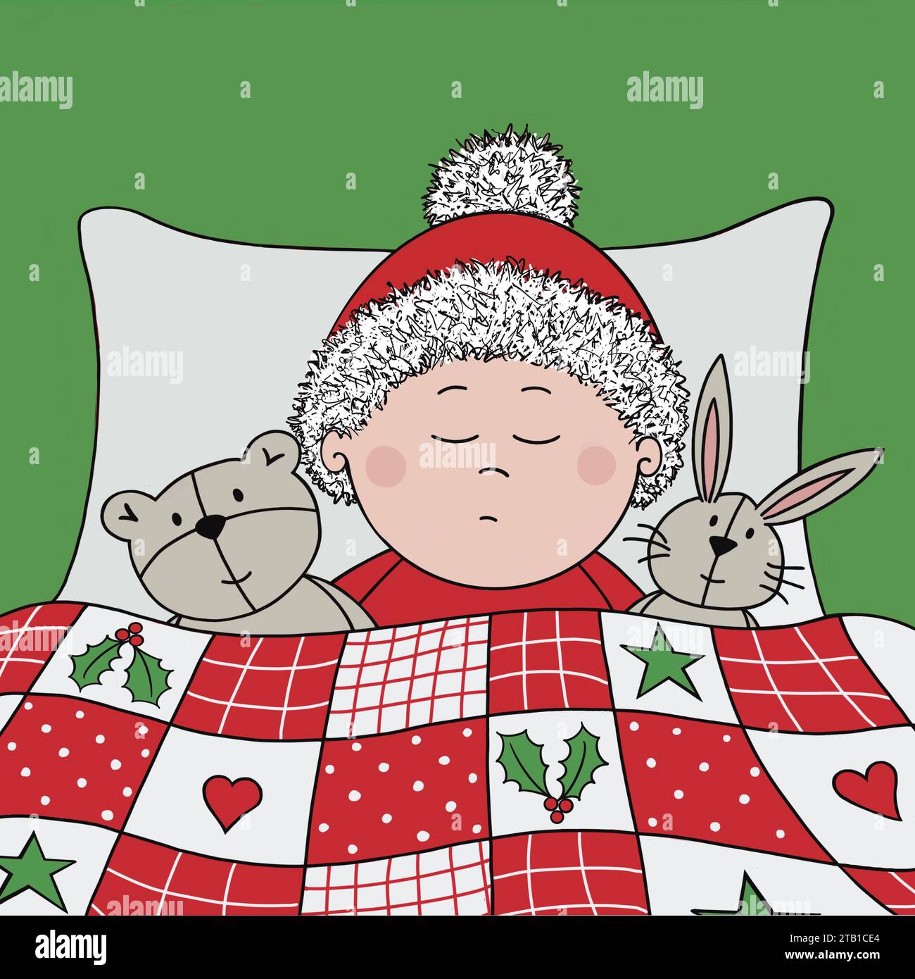 Motif 1e Noël de bébé. Bébé dans le chapeau de Père Noël endormi dans le lit avec leurs jouets câlins. Courtepointe patchwork de Noël. Ours en peluche et lapin. D'abord. Banque D'Images