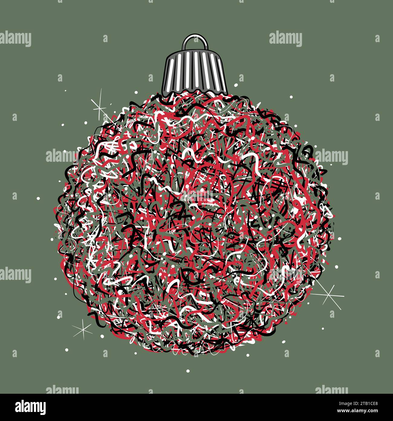 Illustration de boule de Noël. Boule de Noël originale avec motif griffonné. Décoration brillante, effet chaotique griffonné. Arty Banque D'Images
