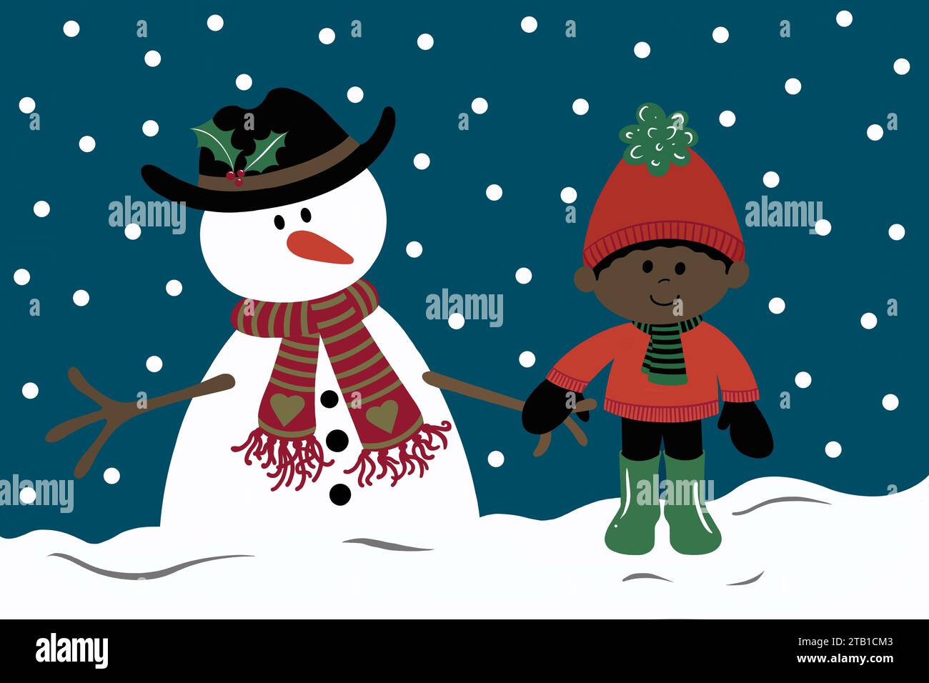 Bonhomme de neige et garçon sur une journée froide enneigée.les deux amis se tiennent la main dans la neige en hiver. L'enfant est enveloppé dans un pull confortable et chapeau de boule. Banque D'Images