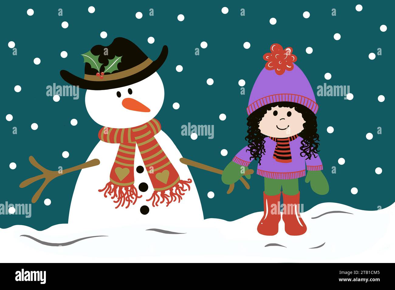 Bonhomme de neige et fille sur un jour froid enneigé.les deux amis se tiennent la main dans la neige en hiver. L'enfant est enveloppé dans un pull confortable et chapeau de boule. Banque D'Images