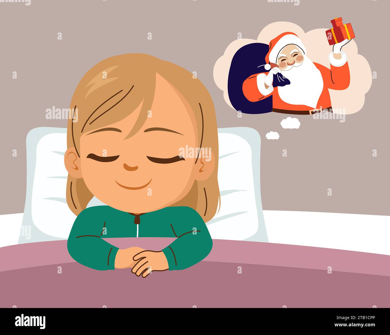 Petite fille dormant en attendant des cadeaux du Père Noël. Illustration vectorielle de bébé impatient détendu sur le lit avec un pyjama Banque D'Images
