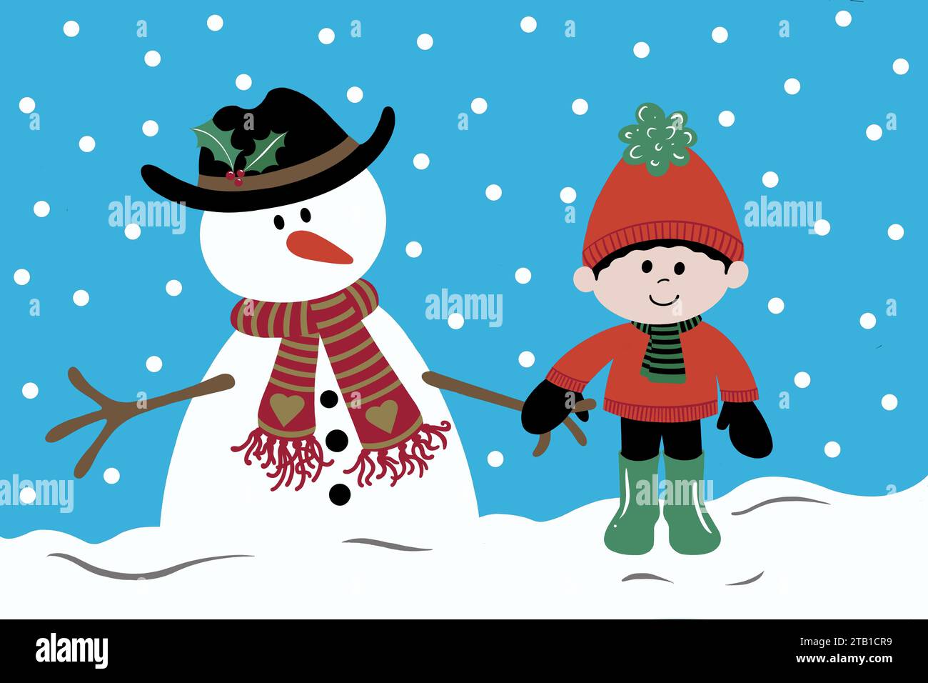 Bonhomme de neige et garçon par une journée froide de neige. Les deux amis se tiennent la main dans la neige en hiver. L'enfant est enveloppé dans un pull confortable et chapeau de boule. Banque D'Images