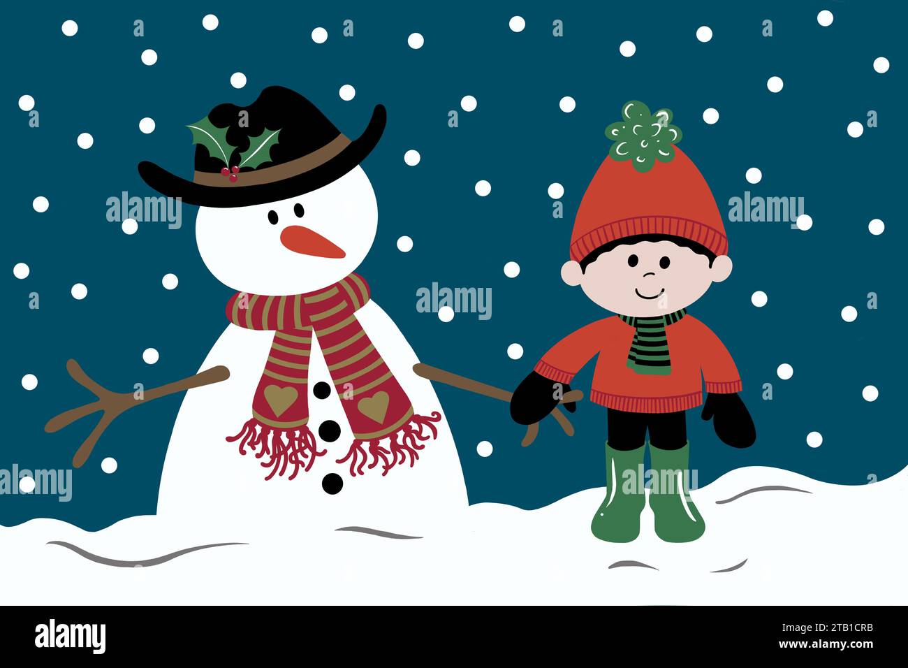 Bonhomme de neige et garçon par une journée froide de neige. Les deux amis se tiennent la main dans la neige en hiver. L'enfant est enveloppé dans un pull confortable et chapeau de boule. Banque D'Images