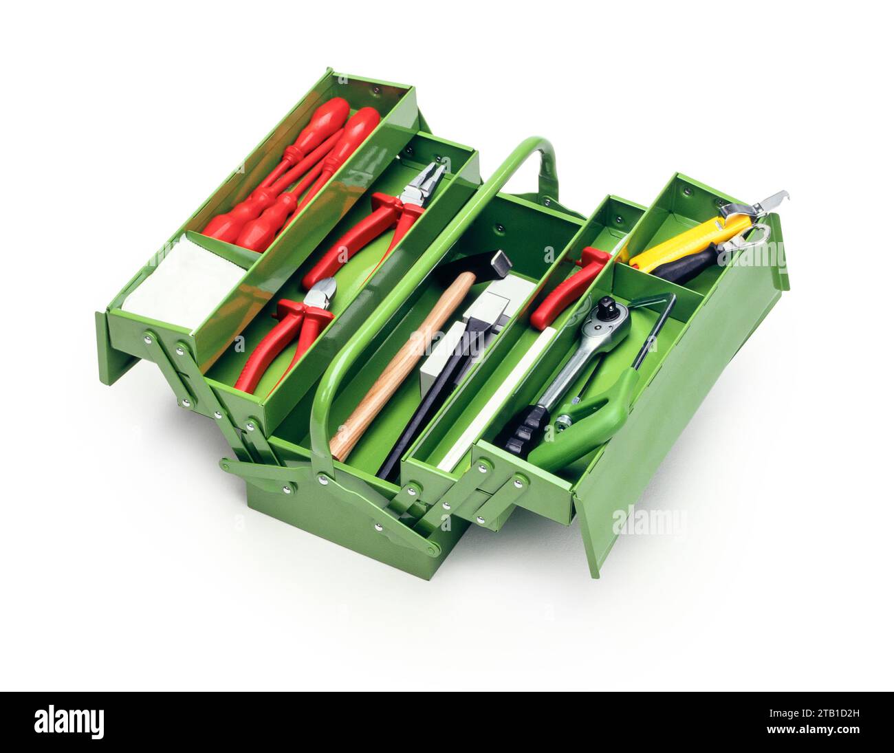 Prise de vue en grand angle d'une boîte à outils verte remplie d'outils Banque D'Images