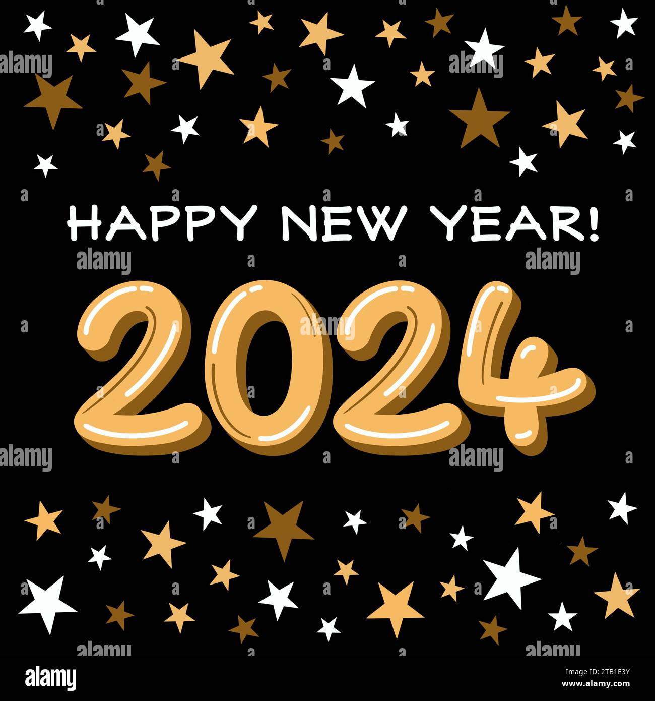Design de bonne année. illustration du nouvel an 2024 avec feux d'artifice. Stars de la célébration. Douche dorée d'étoiles. Banque D'Images