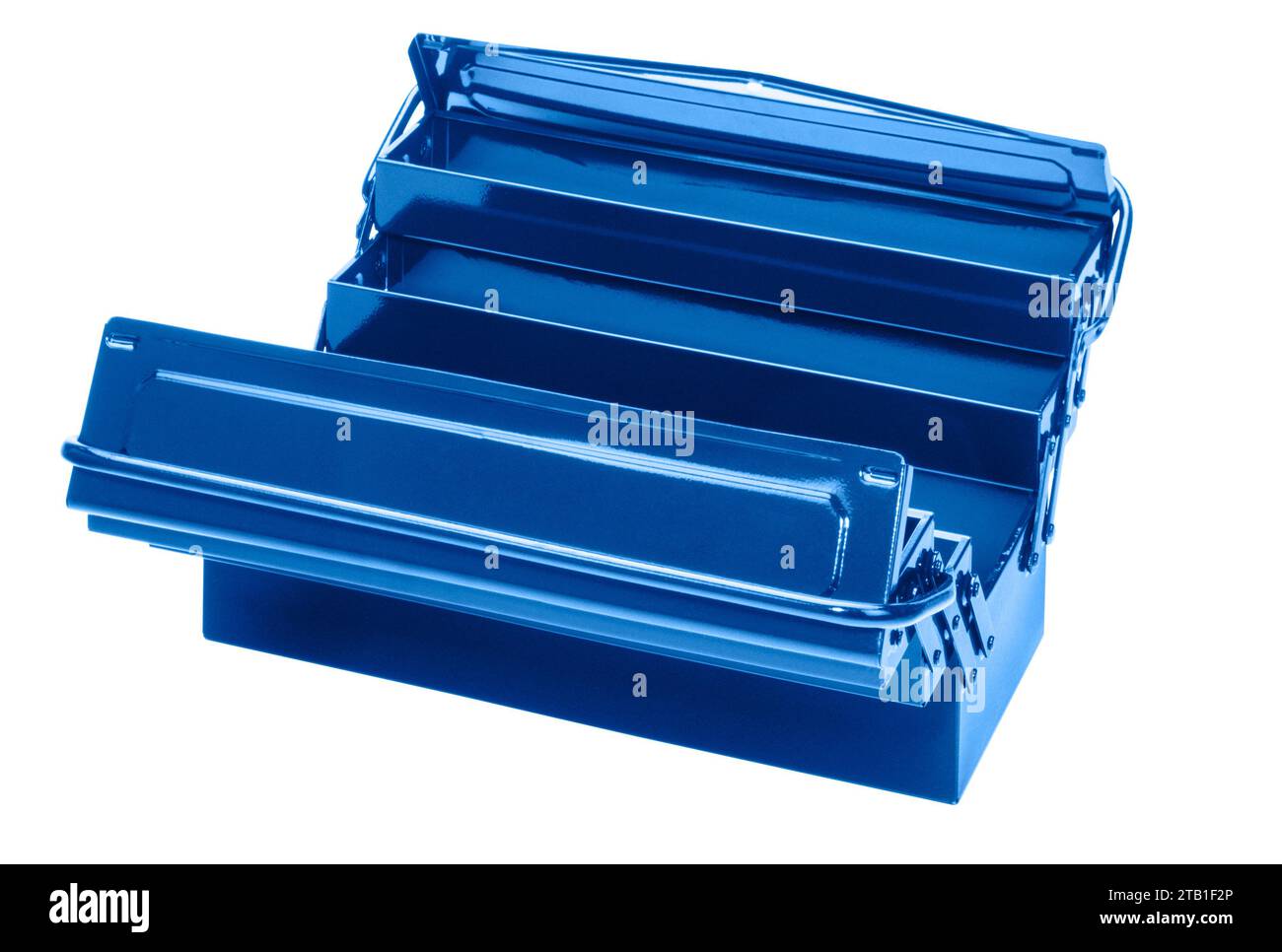 Boîte à outils métallique bleue escamotable isolée dans le dos blanc Banque D'Images