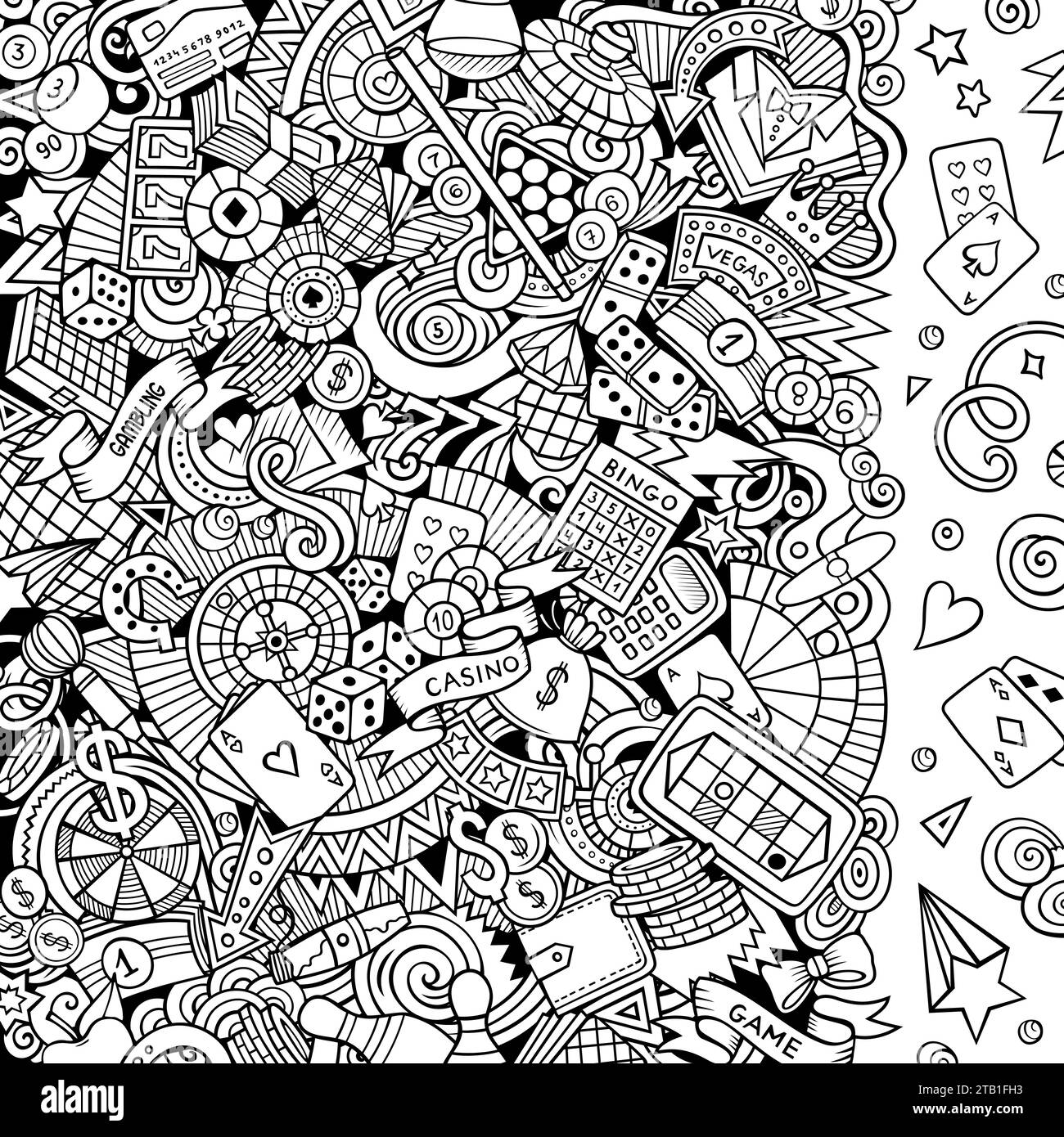 Cadre de doodles vectoriel dessiné à la main de casino. Éléments de jeu et objets fond de dessin animé. Bordure drôle esquissée Illustration de Vecteur