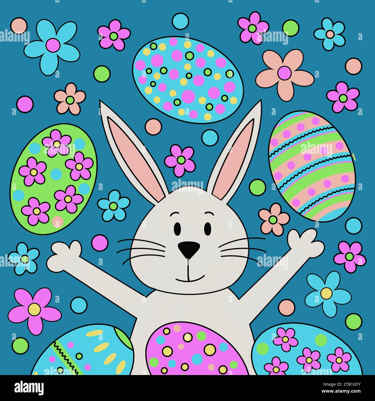 Joyeuses Pâques. Motif de Pâques avec lapin de Pâques. Lapin de Pâques de dessin animé entouré d'une explosion d'œufs de Pâques à motifs et de fleurs. Oeufs à motifs. Banque D'Images