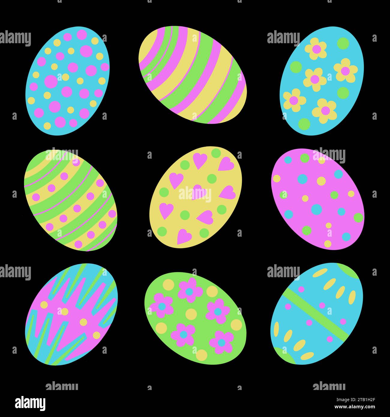 Illustration d'oeuf de Pâques. Oeufs de Pâques décoratifs dans un arrangement original. Pois, rayures, zigzags et fleurs. Oeufs de Pâques lumineux et colorés Banque D'Images