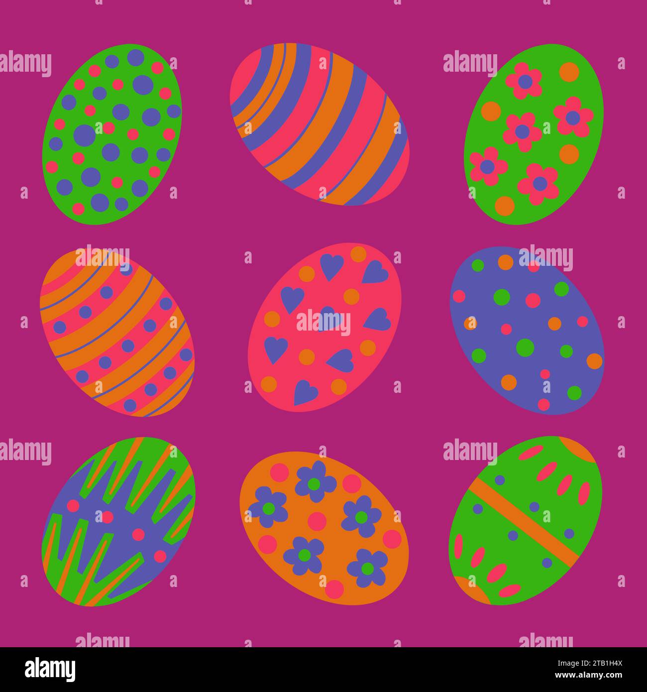 Illustration d'oeuf de Pâques. Oeufs de Pâques décoratifs dans un arrangement original. Pois, rayures, zigzags et fleurs. Oeufs de Pâques lumineux et colorés Banque D'Images