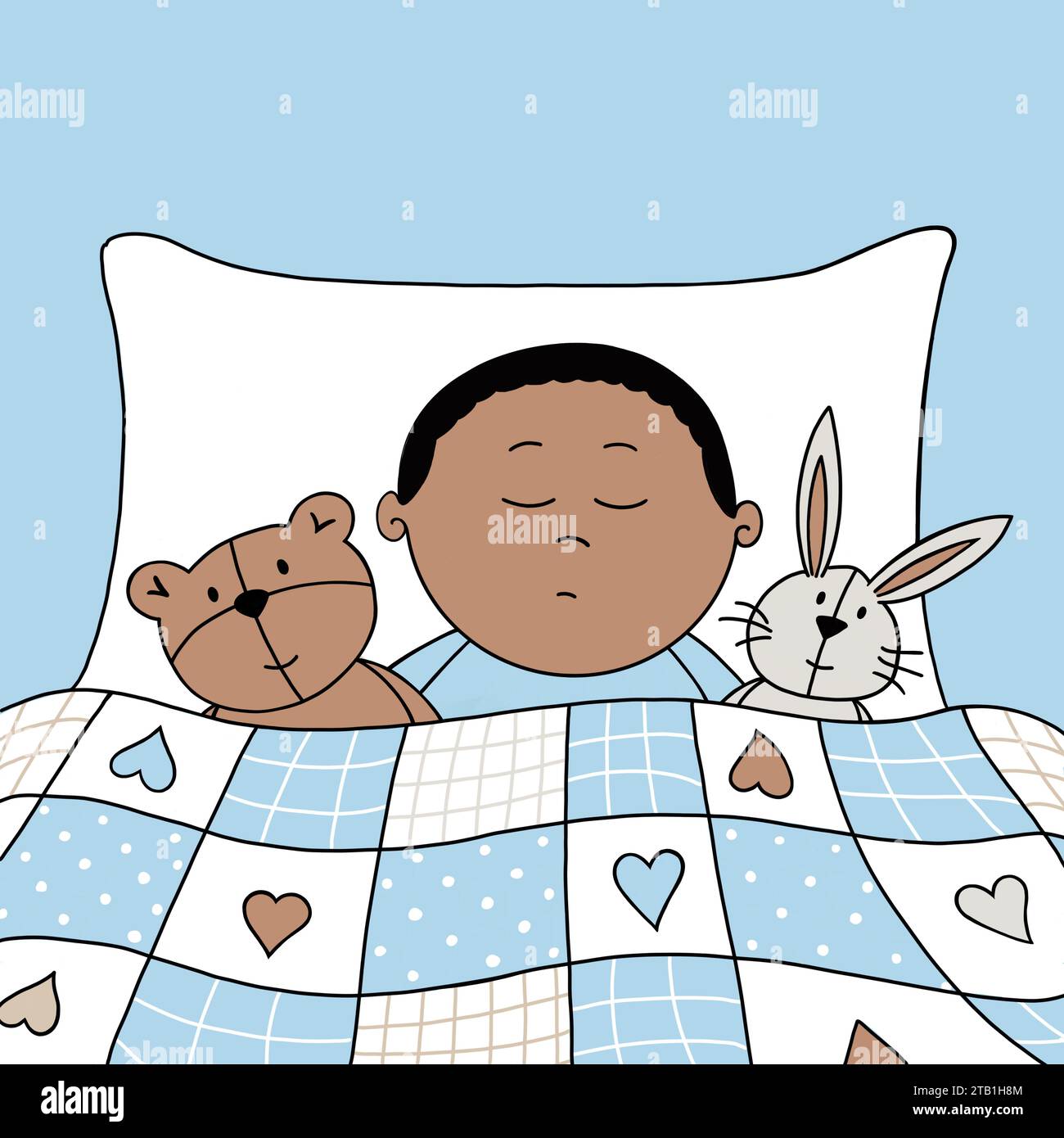 Bébé garçon endormi. Enfant faisant une sieste. Mignon bébé de dessin animé endormi avec ours en peluche et lapin préférés, sous un patchwork bleu confortable. Murs bleus. Banque D'Images