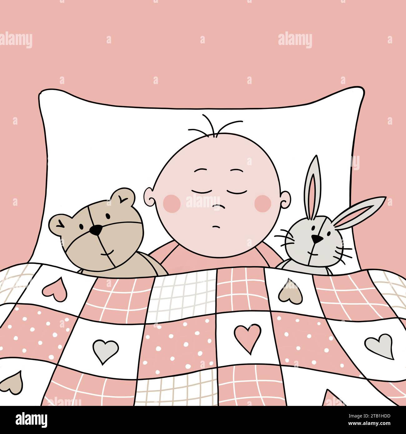 Petite fille dormant. Enfant faisant une sieste. Mignon bébé de dessin animé endormi avec ours en peluche et lapin préférés, sous une couette patchwork rose confortable. Banque D'Images