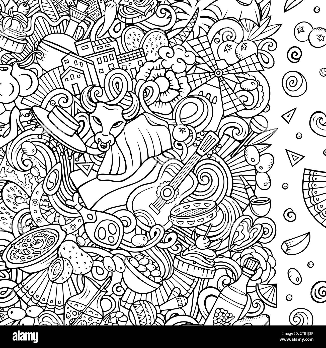 Cadre de doodles vectoriel de dessin animé d'Espagne. Design de bordure espagnole. Éléments européens et objets arrière-plan. Image drôle esquissée. Tous les éléments sont séparés Illustration de Vecteur Cadre de doodles vectoriel de dessin animé d'Espagne. Design de bordure espagnole. Éléments européens et objets arrière-plan. Image drôle esquissée. Tous les éléments sont séparés Illustration de Vecteur