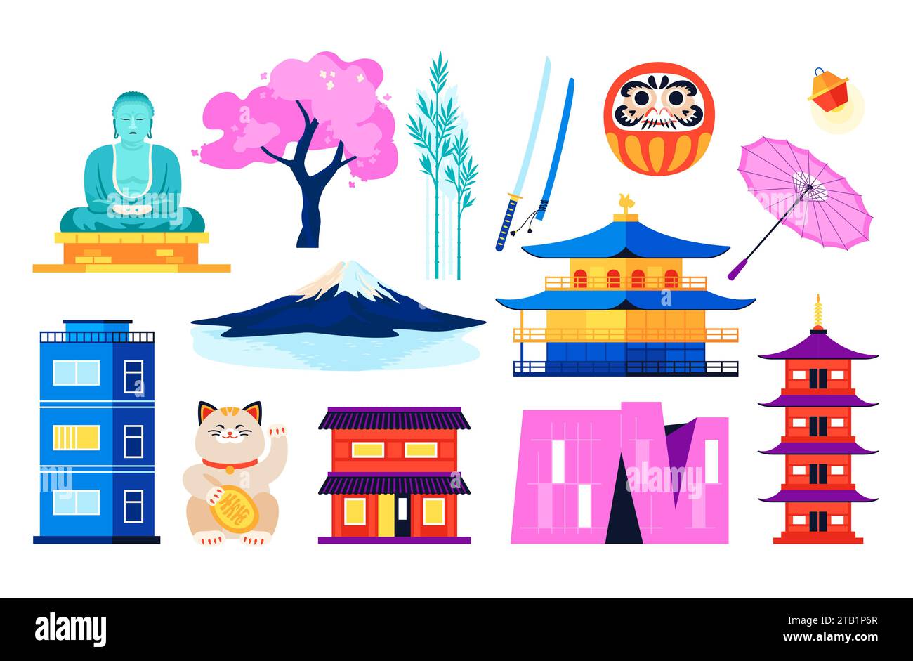 Valeurs traditionnelles du Japon - ensemble d'objets de style design plat Illustration de Vecteur