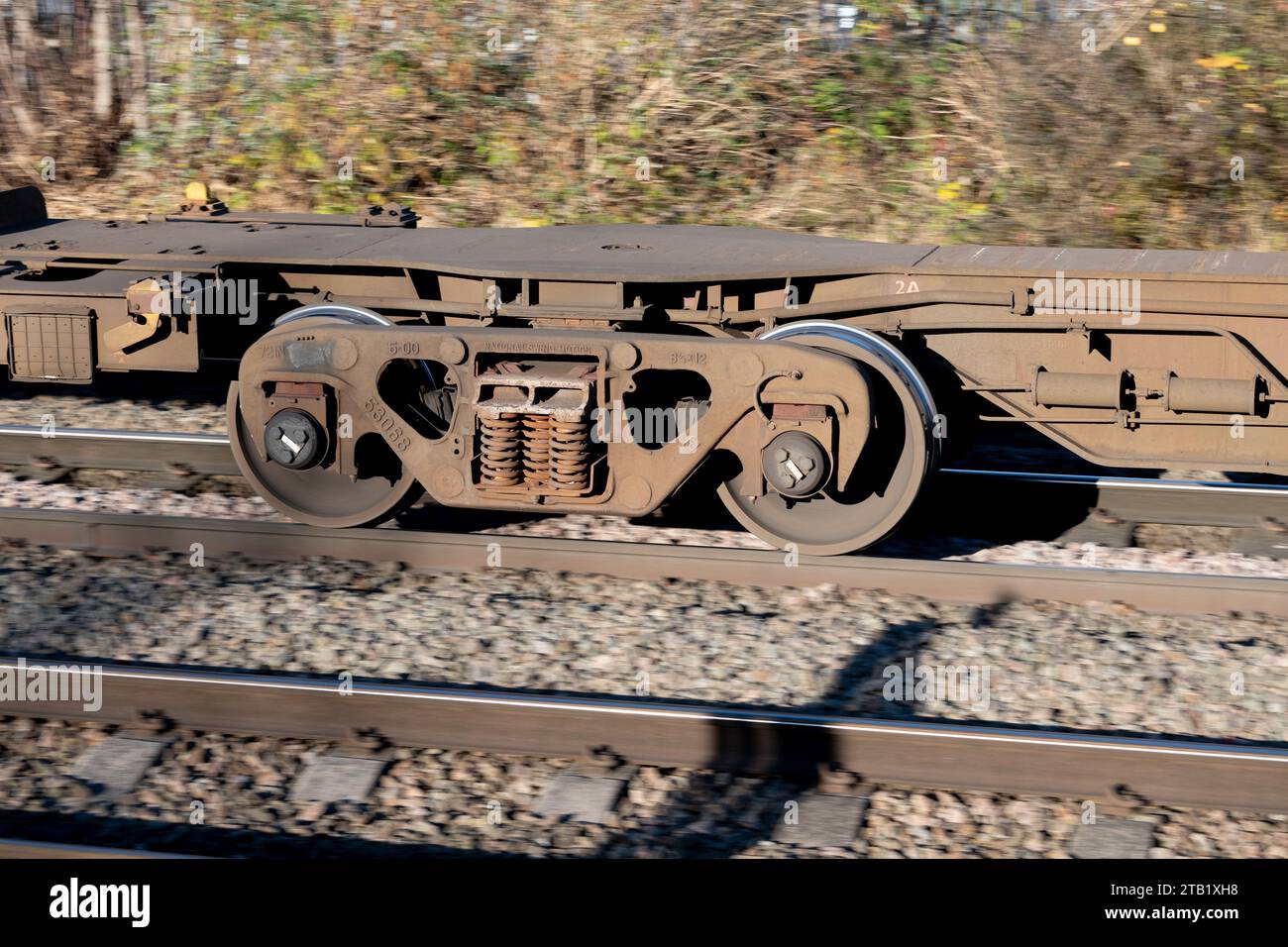 Roues à grande vitesse sur un train freightliner, Royaume-Uni Banque D'Images