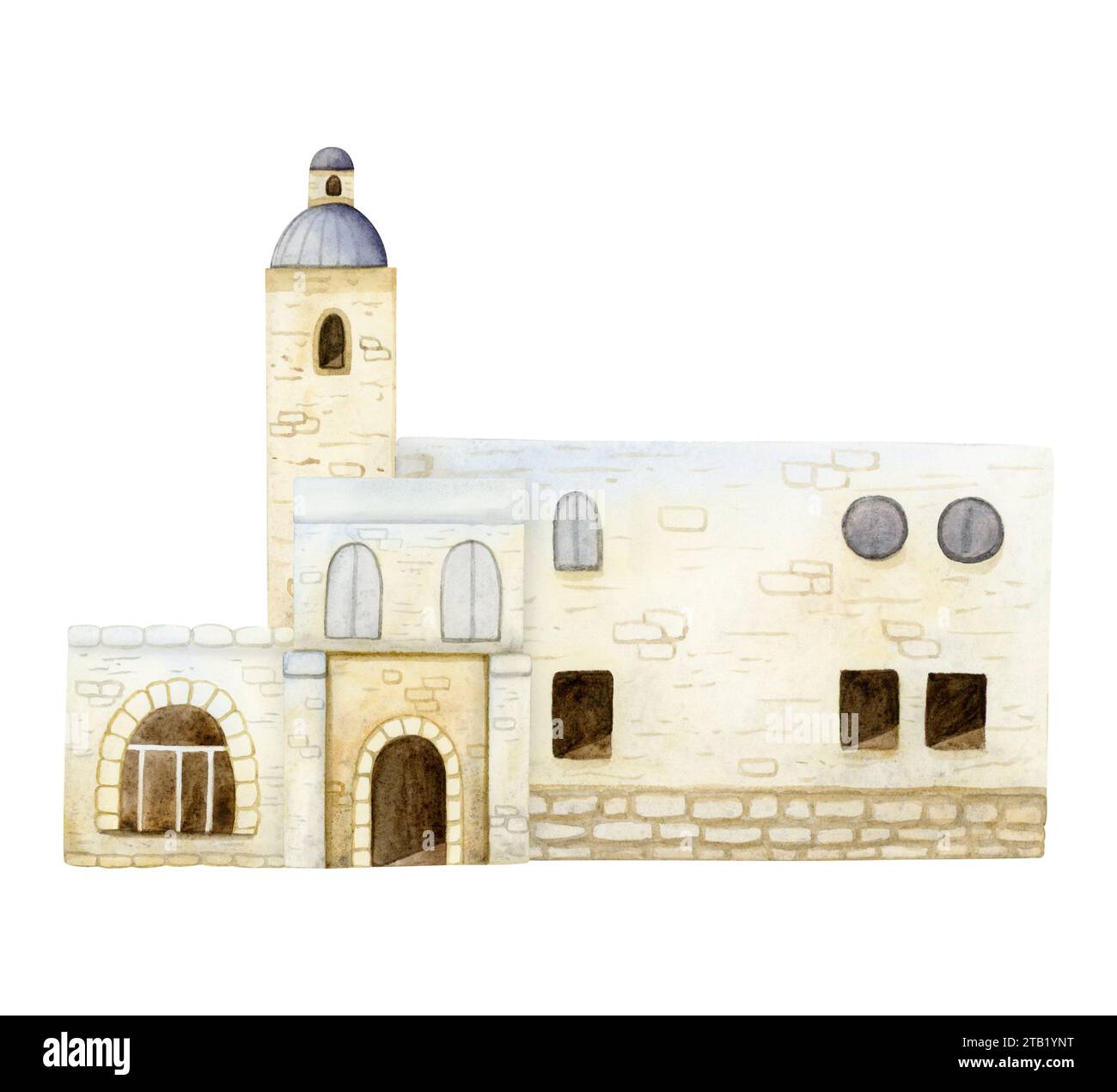 Vieilles maisons de ville de Jérusalem ou illustration d'aquarelle de pays arabe antique. Architecture de l'Europe méditerranéenne Banque D'Images