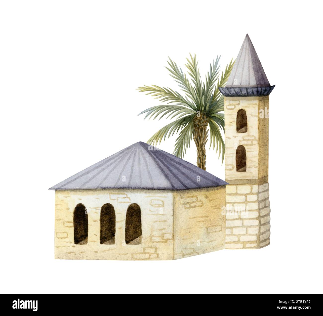 Vieilles maisons arabes avec illustration d'aquarelle de palmier. Tour beige oriental et maison. Architecture méditerranéenne Banque D'Images