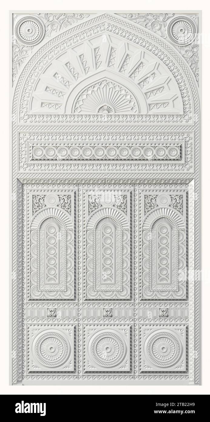 arrière-plan de l'illustration 3d. Panneau mural d'armoire en bois oriental sculpté. Intérieur indien ou arabe Banque D'Images