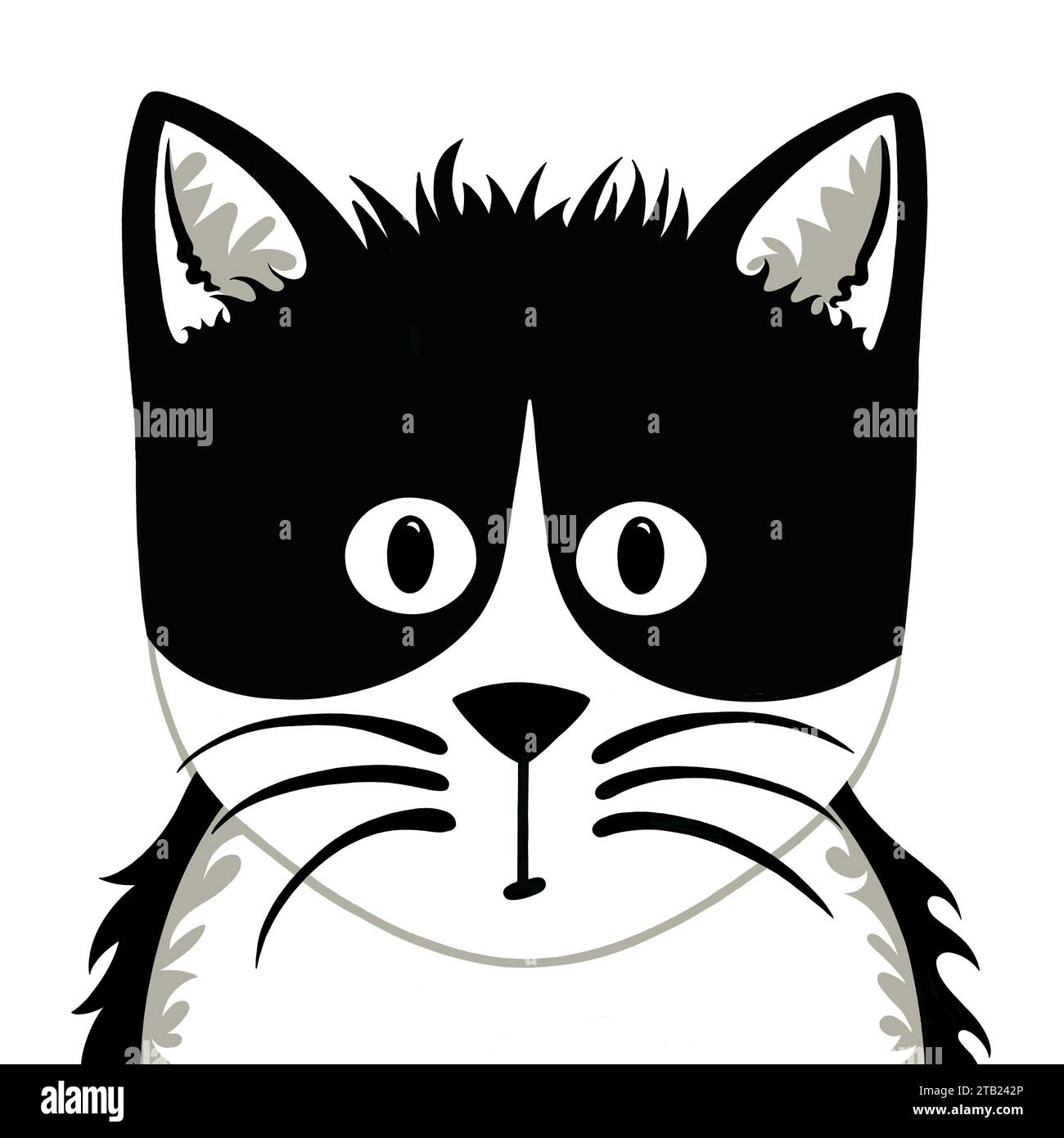 Jolie illustration de chat noir et blanc dans un style de bande dessinée. Motif chat simple et audacieux. Chaton noir et blanc avec de longues moustaches et des marques spectaculaires. Banque D'Images