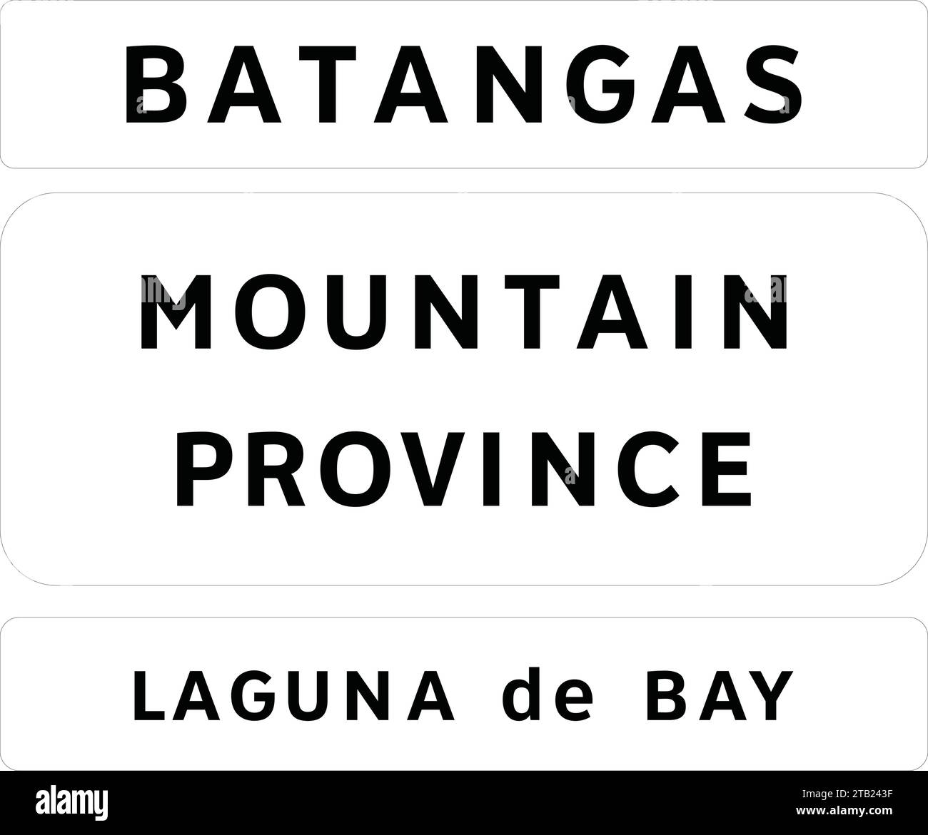 Noms de villes et panneaux de caractéristiques géographiques, panneaux routiers aux Philippines, panneaux réglementaires indiquent l'application d'exigences légales ou statutaires Illustration de Vecteur